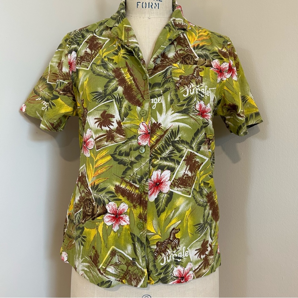VTG 90s Hawaiian Shirt Jungle Farm Rio Vibes Retro Sz S